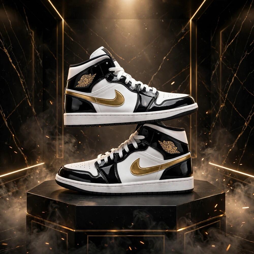 Size 13 - Air Jordan 1 Mid SE Patent Black White Gold 852542-007